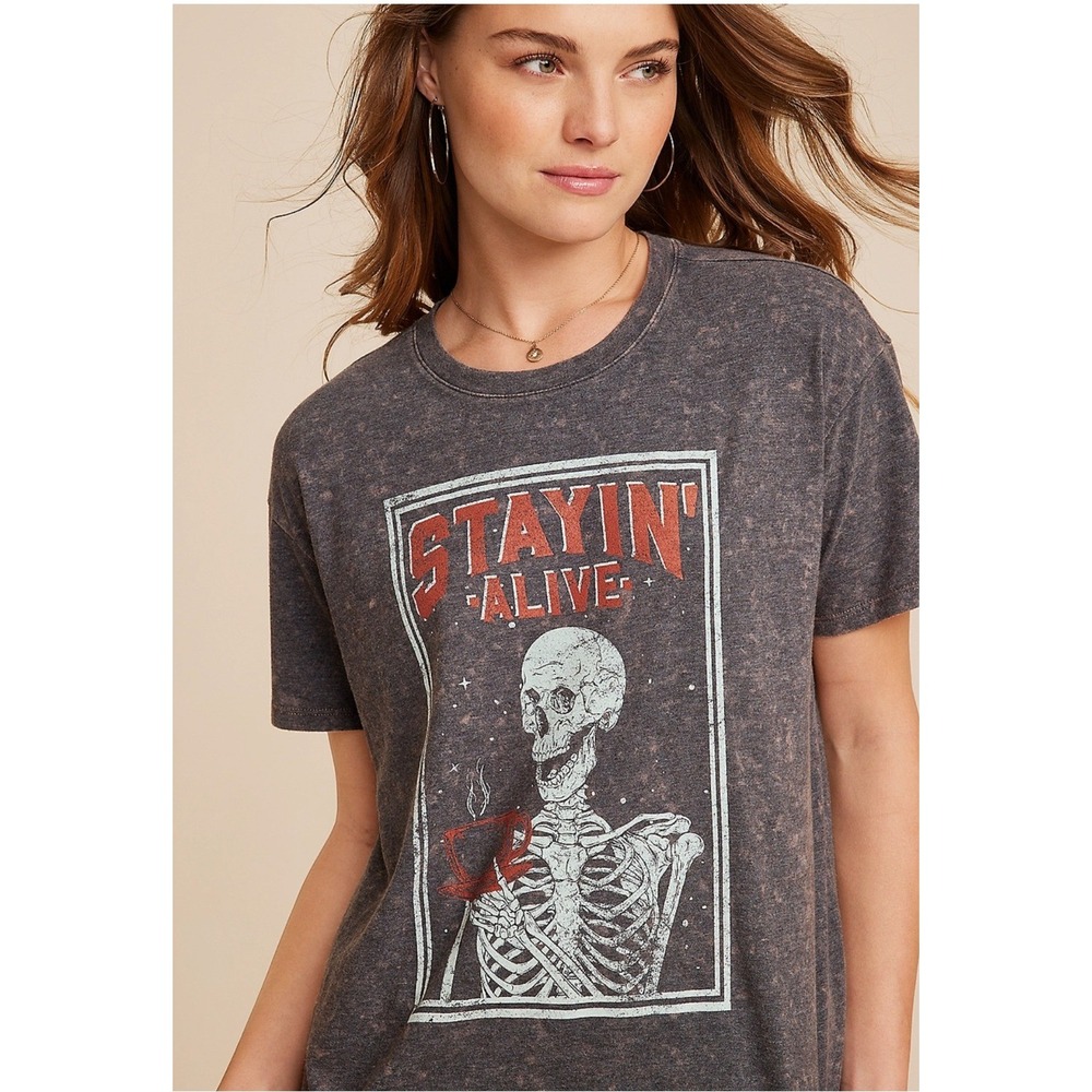 Maurices Stayin Alive Skeleton Coffee Graphic Tee Acid Wash Gray 0X Halloween